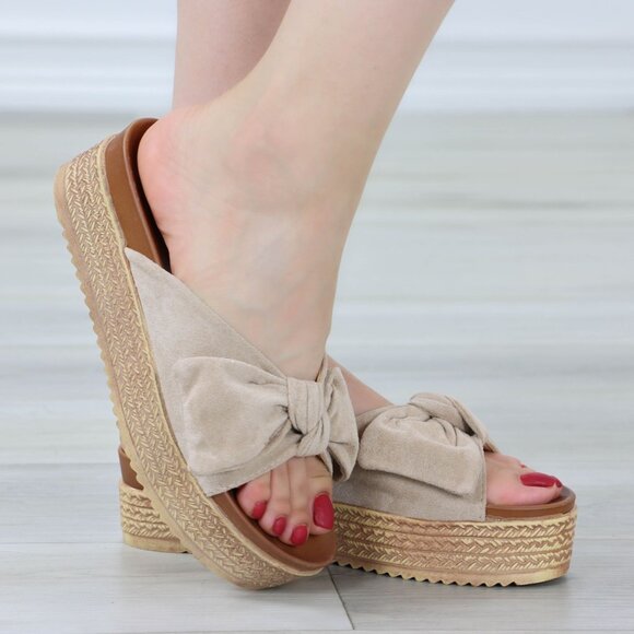 Suede Nude Bow Comfort Platform Sandal Slip On Sliders - Picture 5 of 14